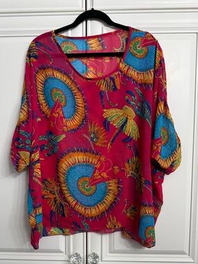 Vibrant One Size Beach Cover Scoop Neck Dolman Sleeves Sheer Chiffon Pink+ Blue